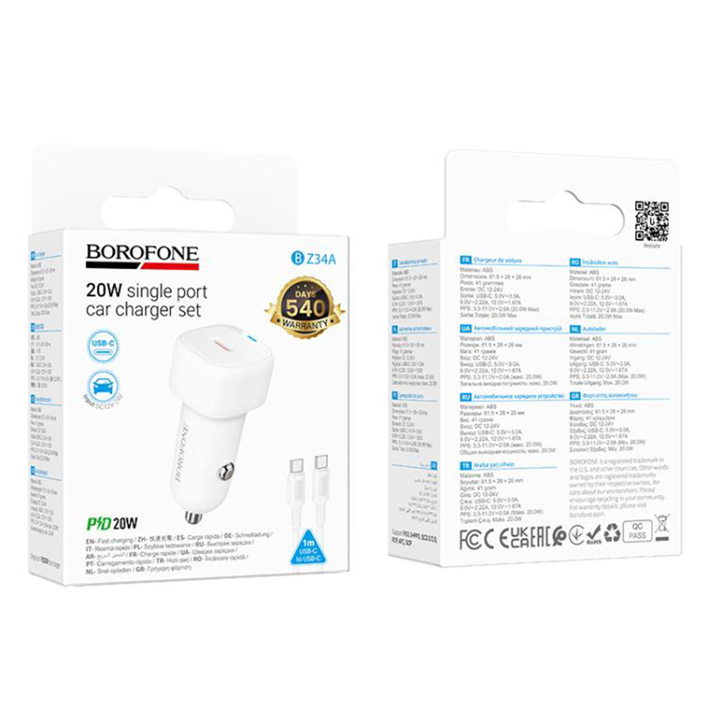 Incarcator Auto Cu Cablu USB-C Borofone BZ34A Cloud, 20W, 3A, 1 x USB-C, Alb