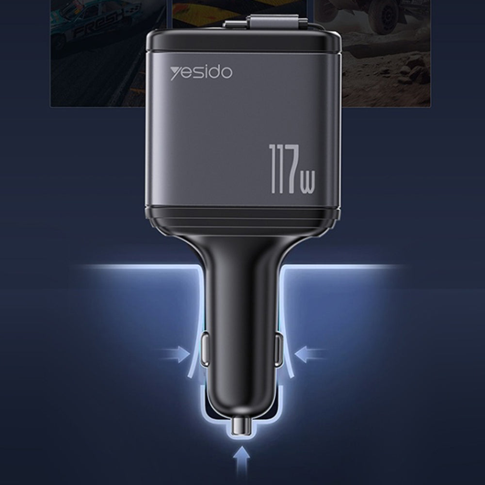 Incarcator Auto Cu Cablu USB-C / Lightning Yesido Y63 Display, 117W, 3A, 1 x USB-A - 1 x USB-C, Gri