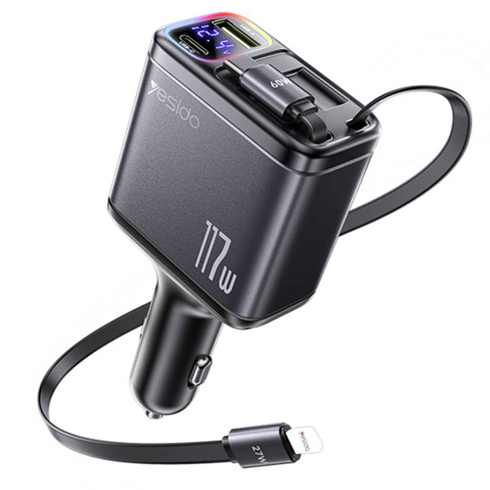 Incarcator Auto Cu Cablu USB-C / Lightning Yesido Y63 Display, 117W, 3A, 1 x USB-A - 1 x USB-C, Gri