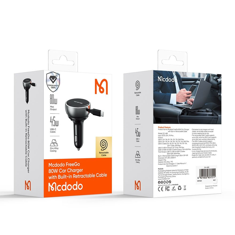 Incarcator Auto Cu Cablu USB-C McDodo CC-4850, 80W, 3A, 1 x USB-A - 1 x USB-C, Negru