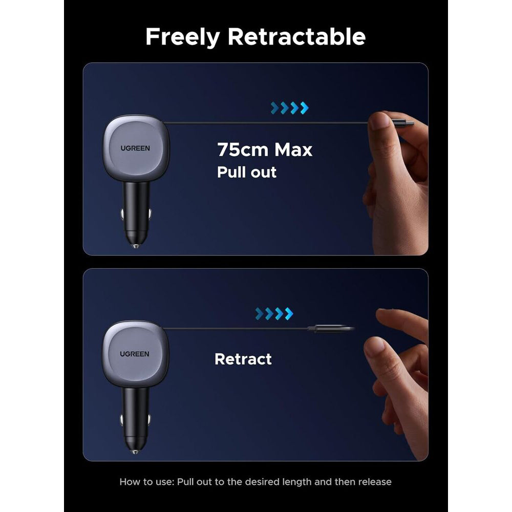 Incarcator Auto Cu Cablu USB-C UGREEN EC601, 75W, 3A, 1 x USB-A - 1 x USB-C, Gri