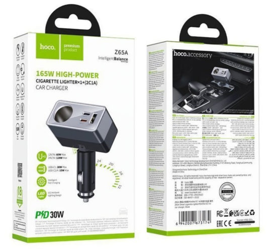 Incarcator Auto HOCO Z65A, 165W, 3A, 1 x Extensie Bricheta - 1 x USB-A - 2 x USB-C, Negru