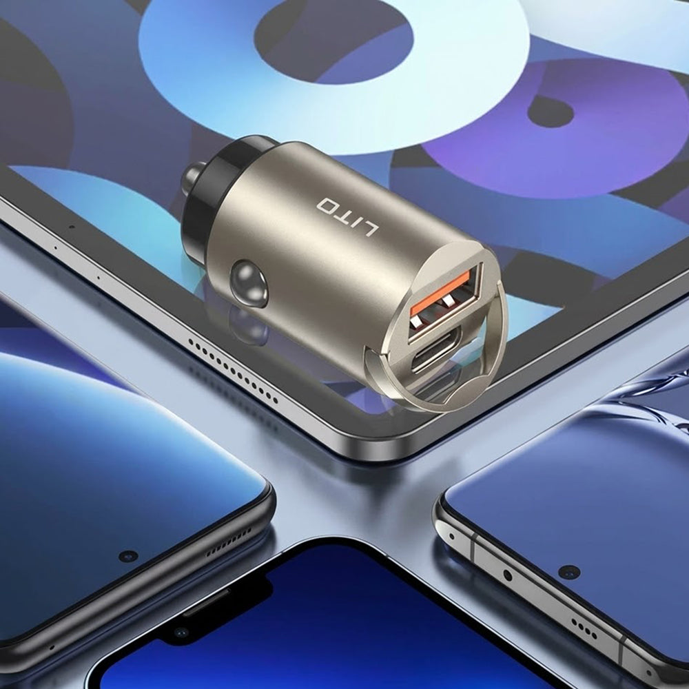 Incarcator Auto Lito IN-C03, 30W, 3A, 1 x USB-A - 1 x USB-C, Gri