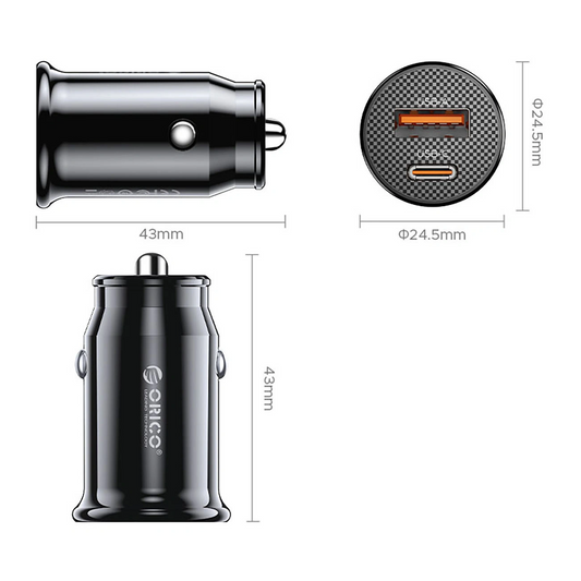 Incarcator Auto Orico PowerMini, 30W, 3A, 1 x USB-A - 1 x USB-C, Negru