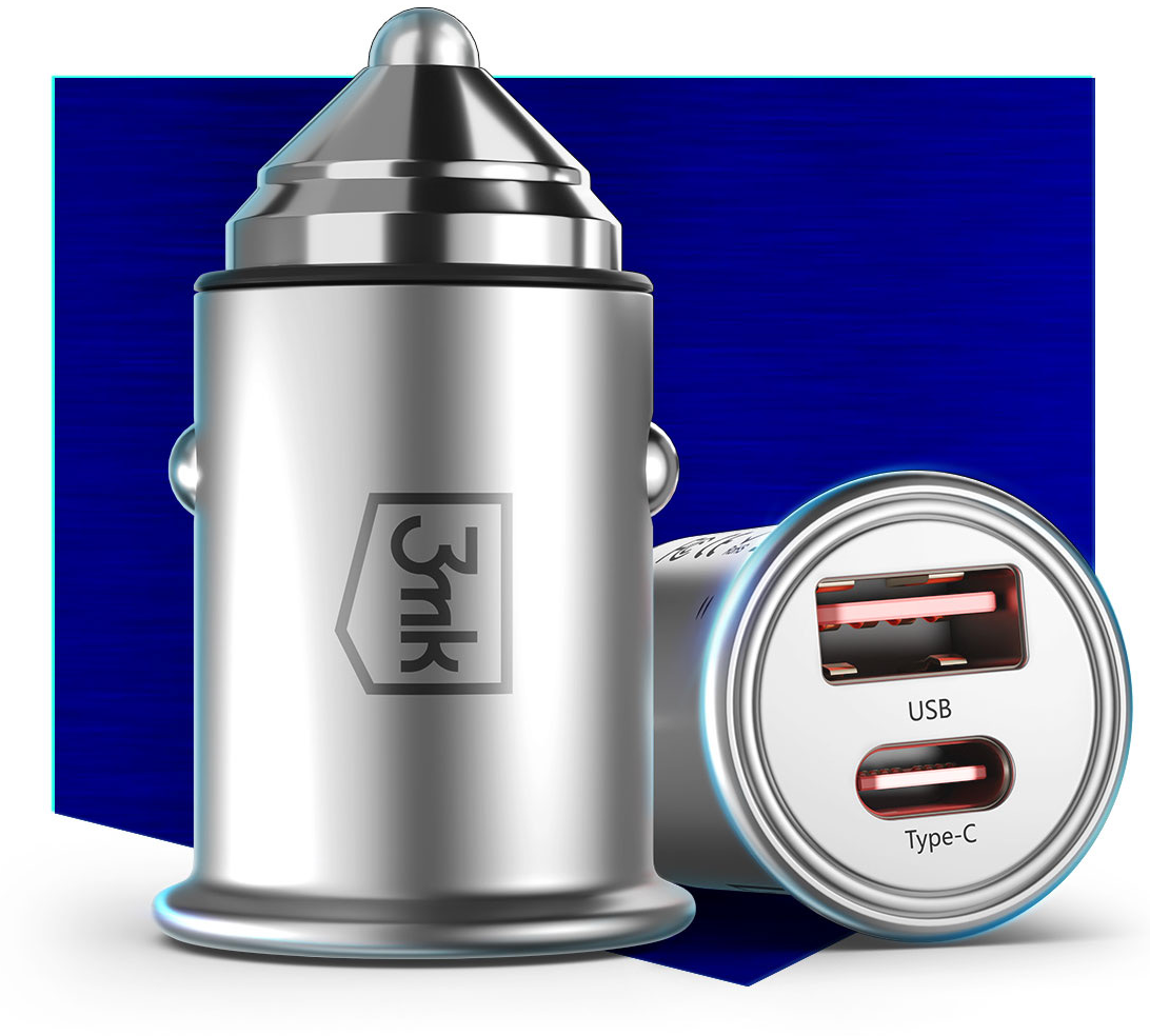 Incarcator Auto 3MK HyperCharger, 30W, 5A, 1 x USB-A - 1 x USB-C, Argintiu