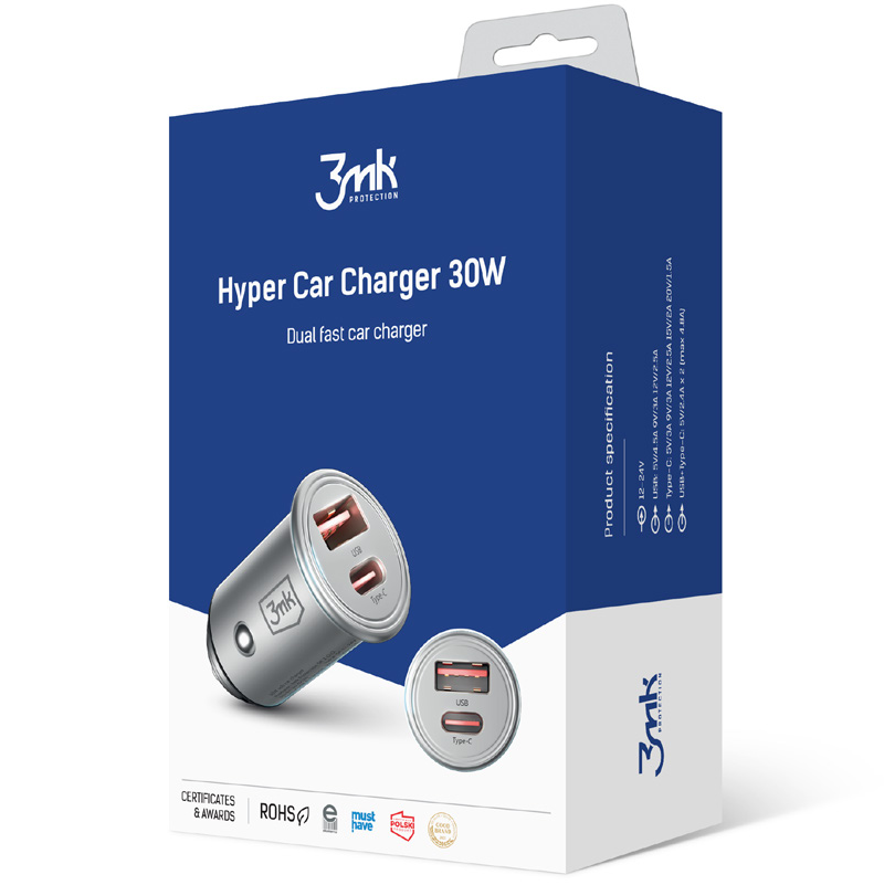 Incarcator Auto 3MK HyperCharger, 30W, 5A, 1 x USB-A - 1 x USB-C, Argintiu