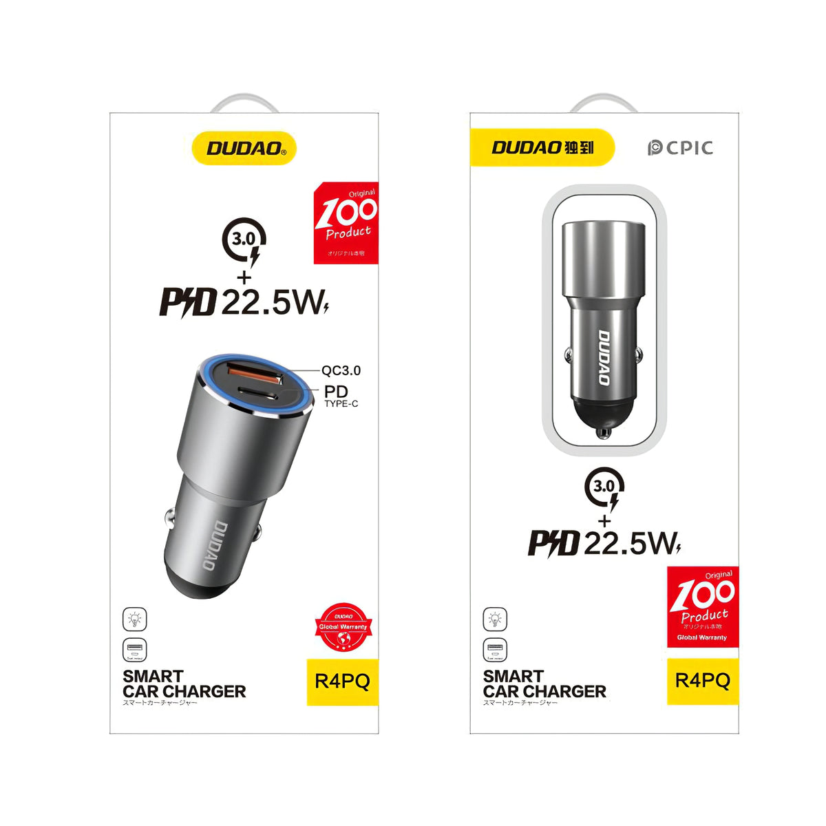 Incarcator Auto USB Dudao R4PQ, 1 X USB - 1 X USB Tip-C, 22.5 W, Quick Charge - Power Delivery, Gri