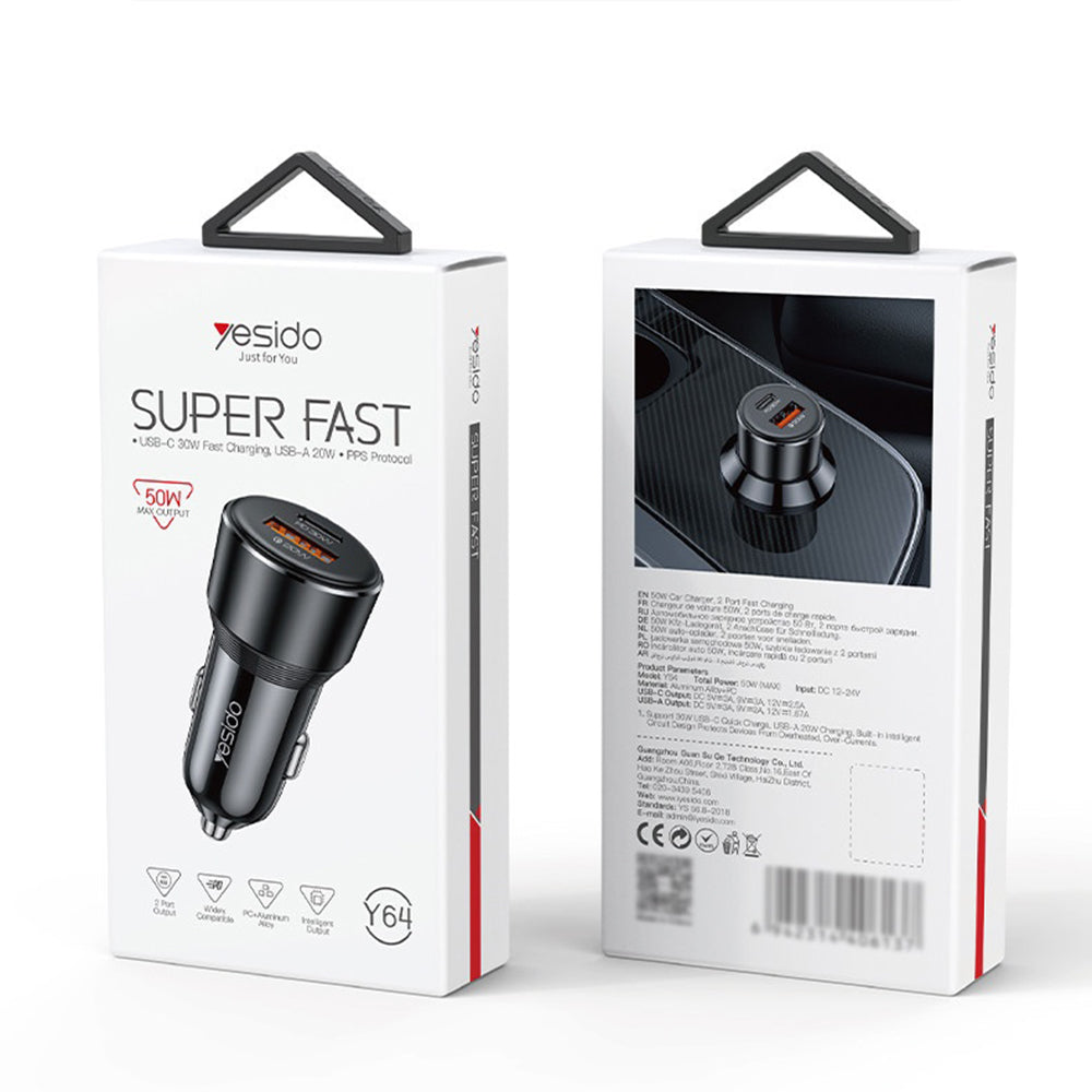 Incarcator Auto Yesido Y64, 50W, 3A, 1 x USB-A - 1 x USB-C, Negru