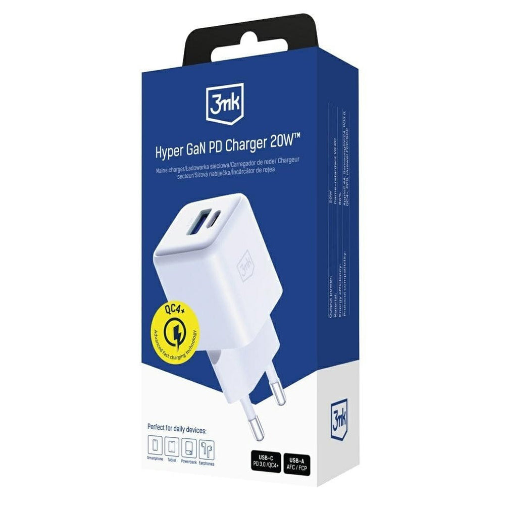 Incarcator Retea 3MK Hyper, 20W, 3A, 1 x USB-A - 1 x USB-C, Alb