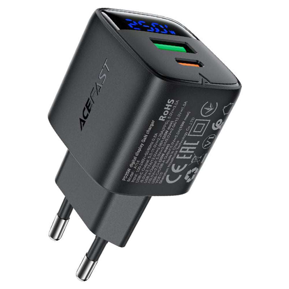 Incarcator Retea Acefast A114 Display, 25W, 3A, 1 x USB-A - 1 x USB-C, Negru