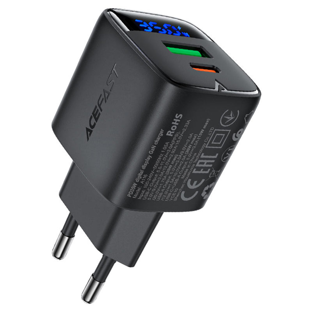 Incarcator Retea Acefast A116 Display, 35W, 3A, 1 x USB-A - 1 x USB-C, Negru