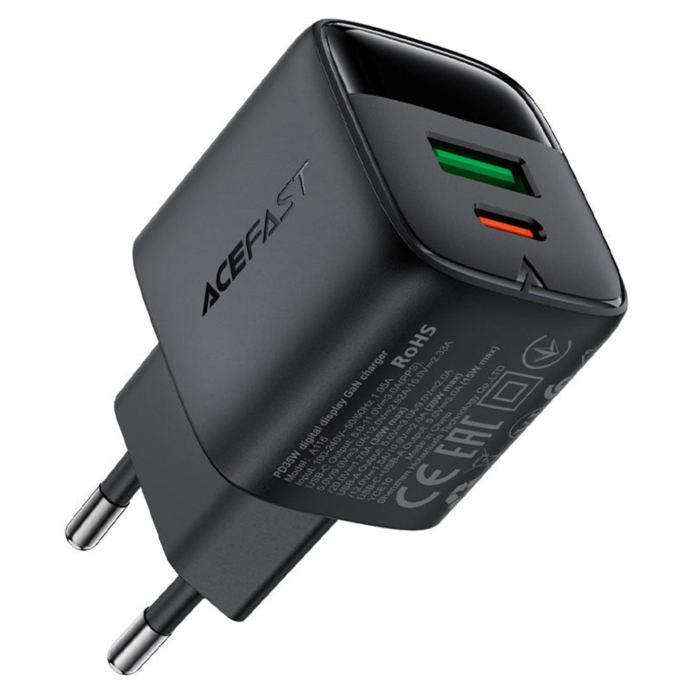Incarcator Retea Acefast A116 Display, 35W, 3A, 1 x USB-A - 1 x USB-C, Negru