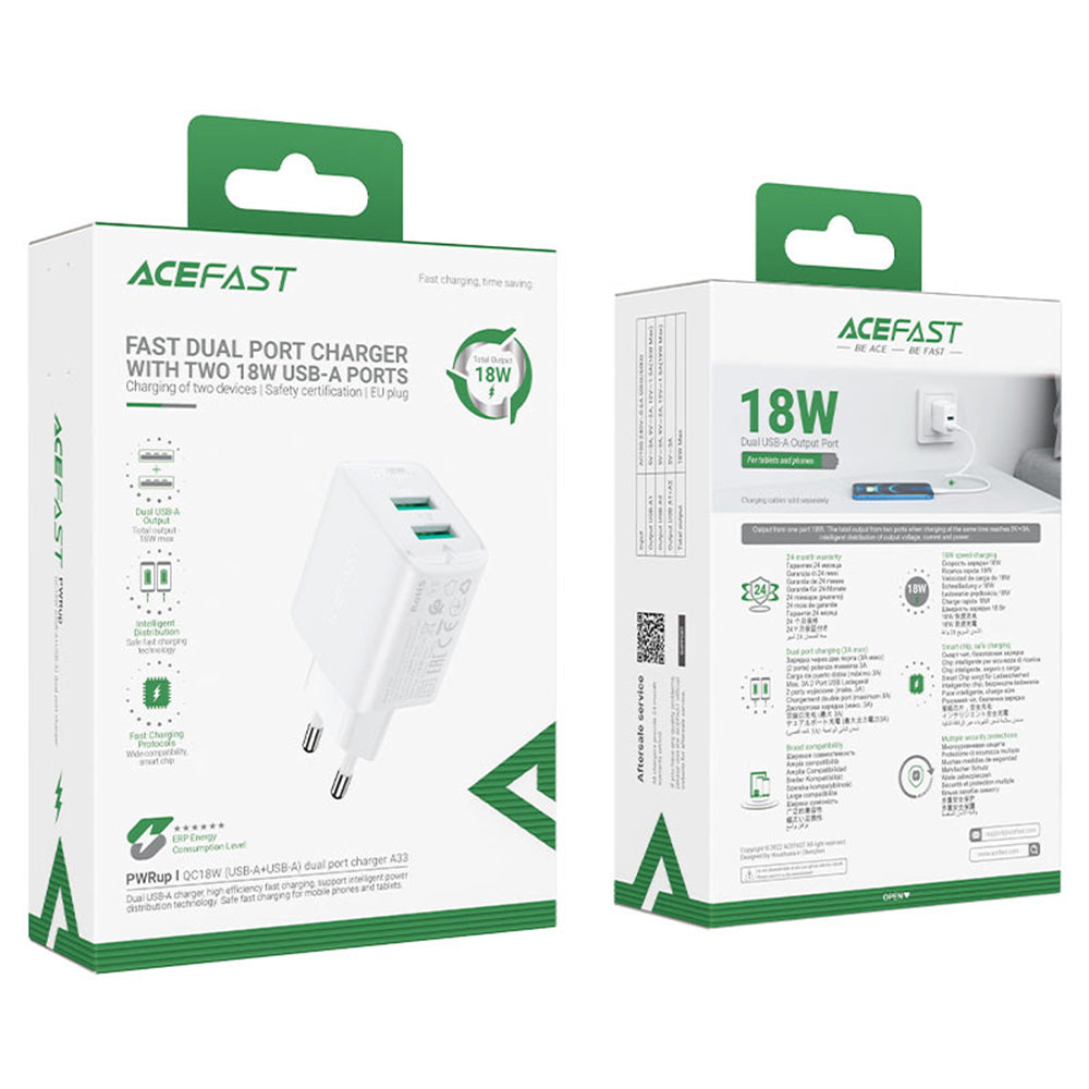 Incarcator Retea Acefast A33, 18W, 3A, 2 x USB-A, Negru
