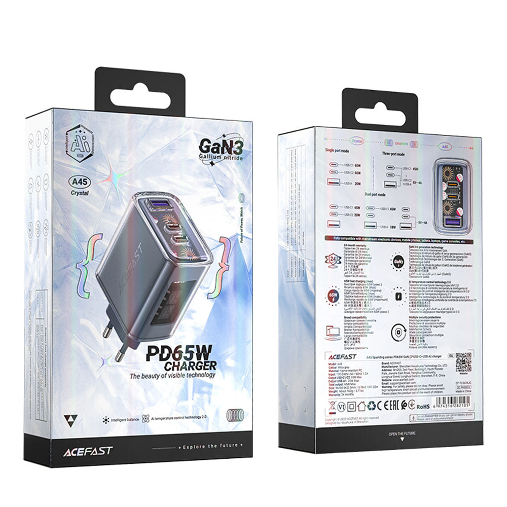 Incarcator Retea Acefast A45 Exploration, 65W, 3.25A, 1 x USB-A - 2 x USB-C, Gri