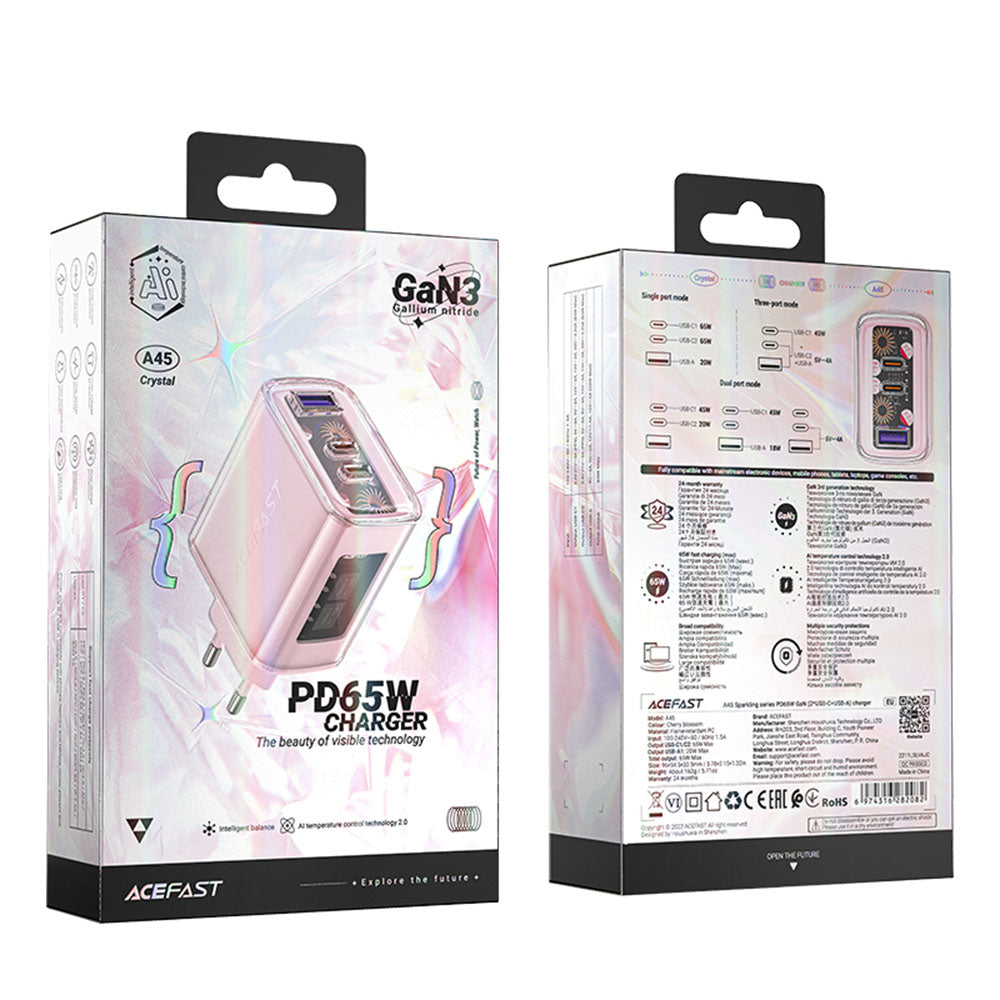 Incarcator Retea Acefast A45 Exploration, 65W, 3.25A, 1 x USB-A - 2 x USB-C, Roz