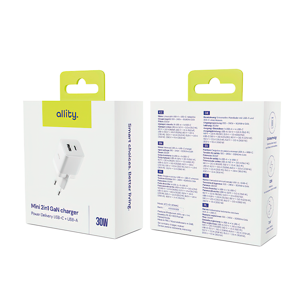 Incarcator Retea Allity. ATC-01-30WAC Mini, 30W, 3A, 1 x USB-A - 1 x USB-C, Alb
