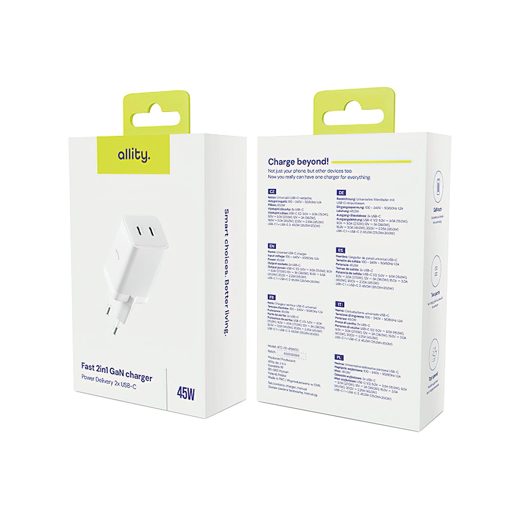 Incarcator Retea Allity. ATC-01-45WCC Fast, 45W, 3A, 2 x USB-C, Alb