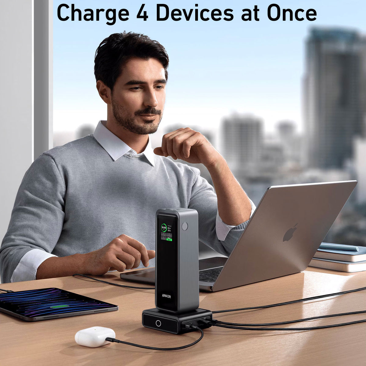 Incarcator Statie Anker pentru baterie externa Prime, 100W, 5A, 1 x Pogo Pin - 1 x USB-C - 2 x USB-A, Negru A1902311