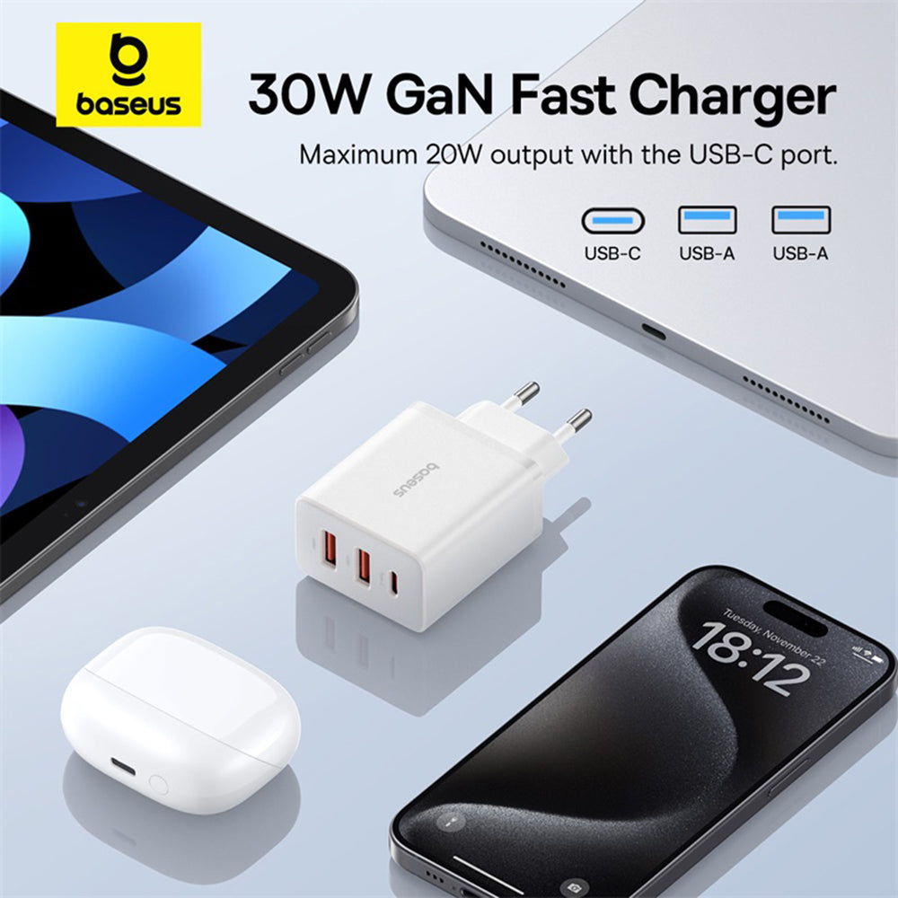 Incarcator Retea Baseus Cube, 30W, 3A, 2 x USB-A - 1 x USB-C, Alb P10111402213-00