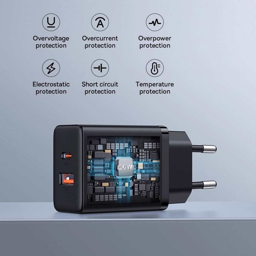 Incarcator Retea Baseus Cube, 20W, 3A, 1 x USB-A - 1 x USB-C, Alb P10111403213-00