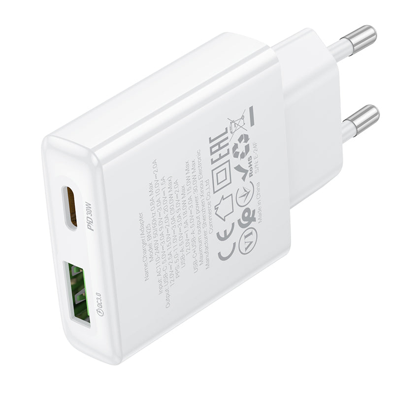 Incarcator Retea Borofone BN25 Wish, 30W, 3A, 1 x USB-A - 1 x USB-C, Alb