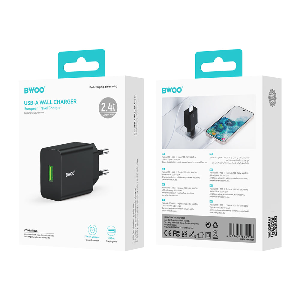 Incarcator Retea BWOO CDA249, 12W, 2.4A, 1 x USB-A, Negru