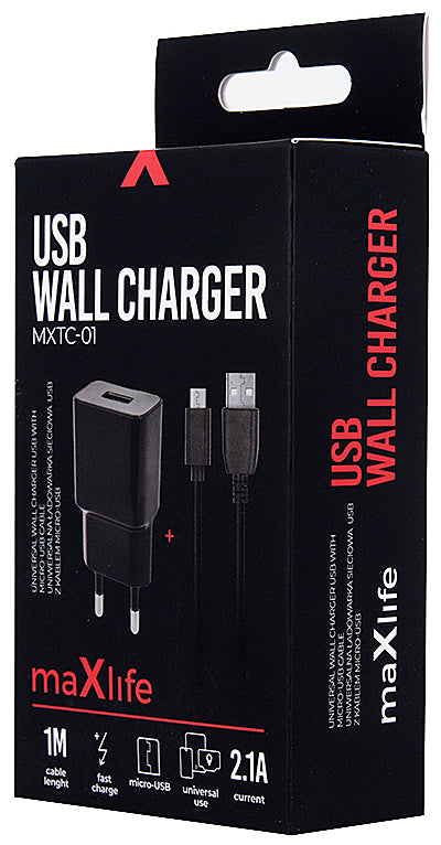 Incarcator Retea Cu Cablu microUSB MaXlife MXTC-01, 10.5W, 2.1A, 1 x USB-A, Negru