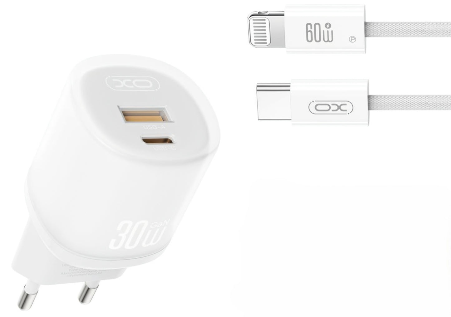 Incarcator Retea Cu Cablu Lightning XO Design L151, 30W, 3A, 1 x USB-A - 1 x USB-C, Alb