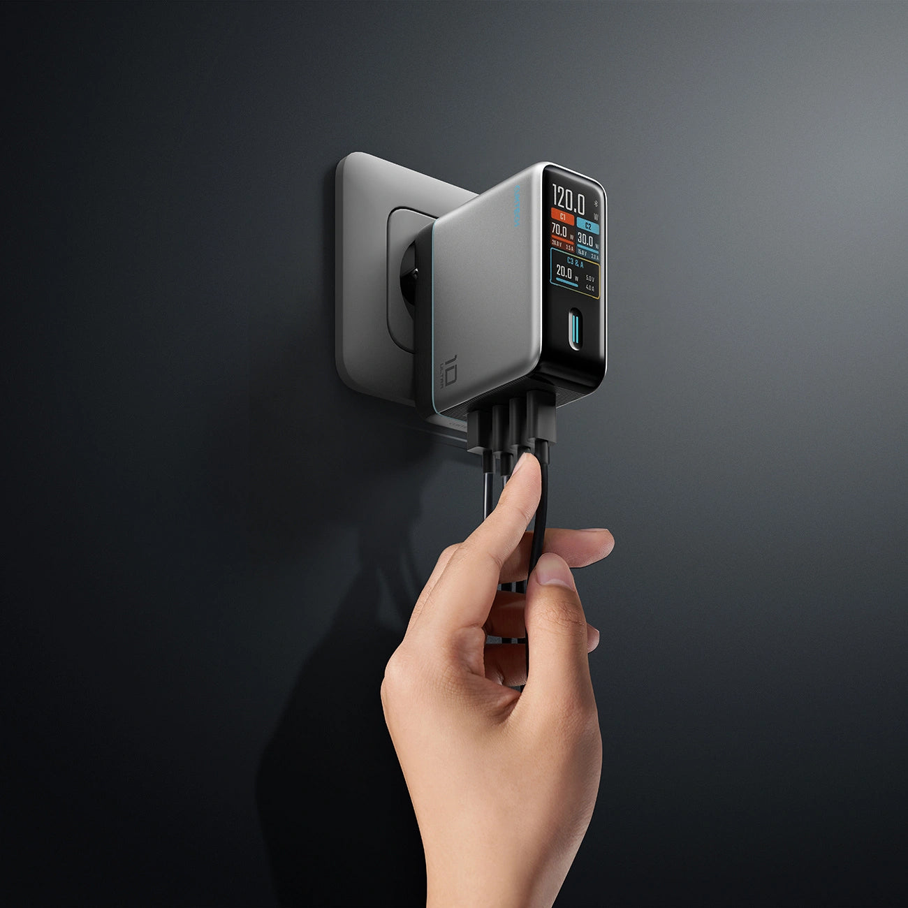 Incarcator Retea Cu Cablu USB-C Cuktech AD1204U Display, 120W, 6A, 1 x USB-A - 2 x USB-C, Argintiu