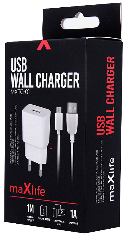 Incarcator Retea Cu Cablu microUSB MaXlife MXTC-01, 5W, 1A, 1 x USB-A, Alb