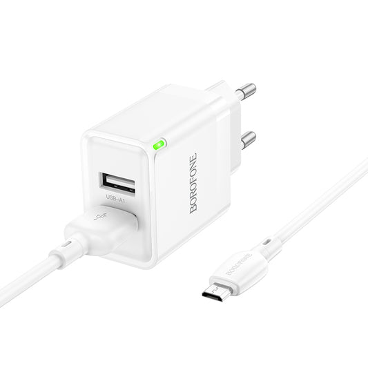 Incarcator Retea Cu Cablu microUSB Borofone BN15 Strong, 10.5W, 2.1A, 2 x USB-A, Alb