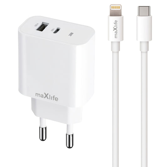 Incarcator Retea Cu Cablu Lightning MaXlife MXTC-06-20AC, 20W, 3A, 1 x USB-A - 1 x USB-C, Alb