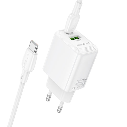 Incarcator Retea Cu Cablu USB-C Borofone BN27 Fuente, 20W, 3A, 1 x USB-A - 1 x USB-C, Alb
