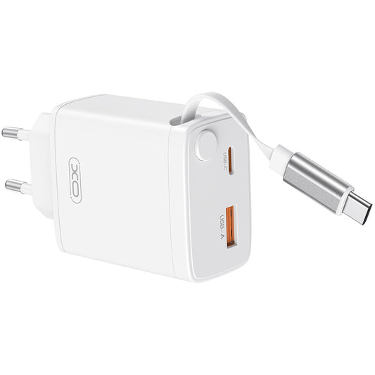 Incarcator Retea Cu Cablu USB-C XO Design CE31, 30W, 3A, 1 x USB-A - 1 x USB-C, Alb