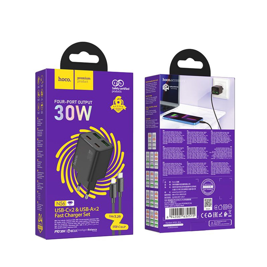 Incarcator Retea Cu Cablu Lightning HOCO N56, 30W, 3A, 2 x USB-A - 2 x USB-C, Negru
