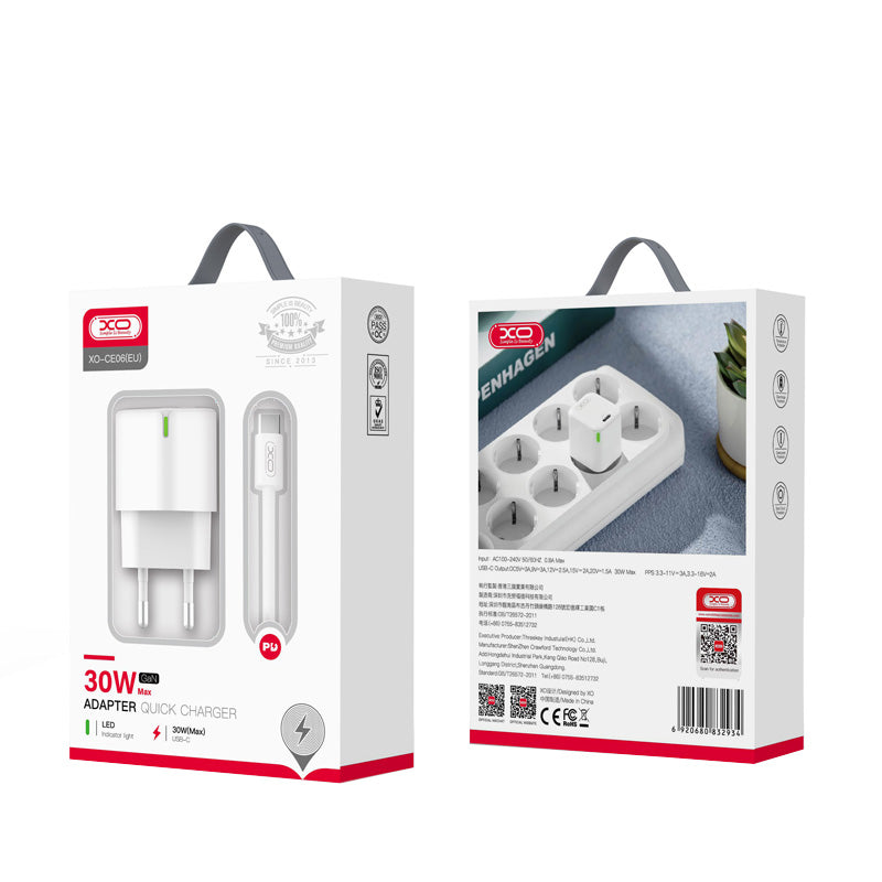 Incarcator Retea Cu Cablu USB-C XO Design CE06, 30W, 3A, 1 x USB-C, Alb