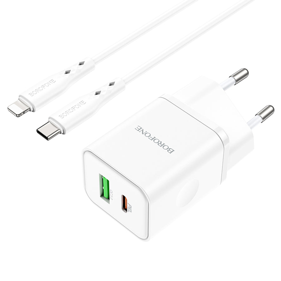 Incarcator Retea Cu Cablu Lightning Borofone BN7, 20W, 3A, 1 x USB-A - 1 x USB-C, Alb