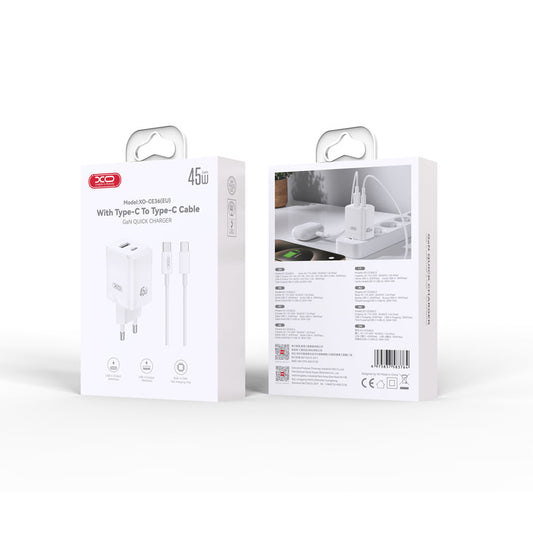 Incarcator Retea Cu Cablu USB-C XO Design CE36, 45W, 3A, 1 x USB-A - 1 x USB-C, Alb