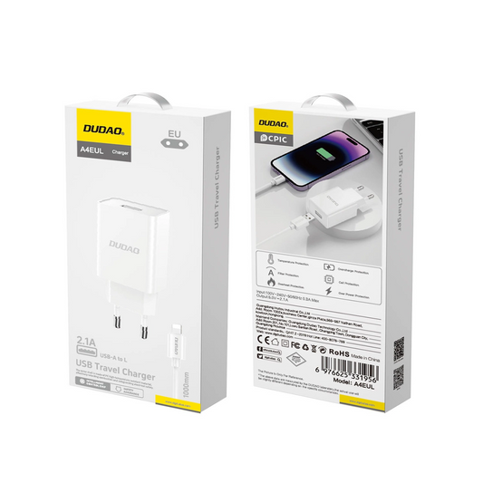 Incarcator Retea Cu Cablu Lightning Dudao A4EU, 10W, 2.1A, 1 x USB-A, Alb
