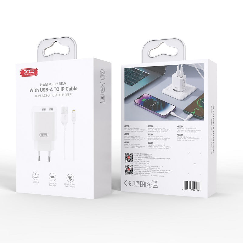 Incarcator Retea Cu Cablu Lightning XO Design CE55, 12W, 2.4A, 2 x USB-A, Alb
