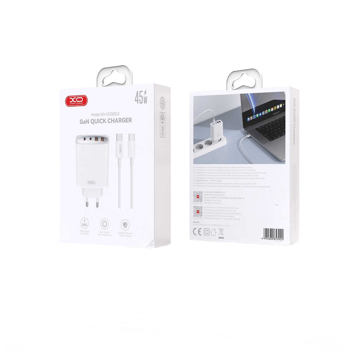 Incarcator Retea Cu Cablu USB-C XO Design CE22, 45W, 3A, 2 x USB-A - 2 x USB-C, Alb