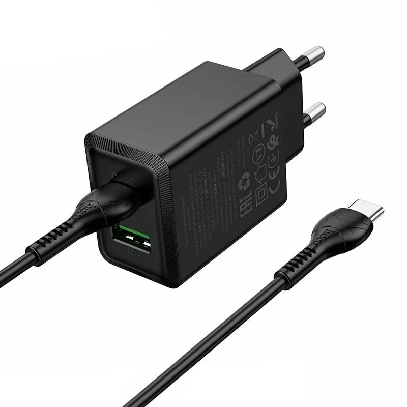 Incarcator Retea Cu Cablu USB-C HOCO N71, 30W, 3A, 1 x USB-A - 1 x USB-C, Negru
