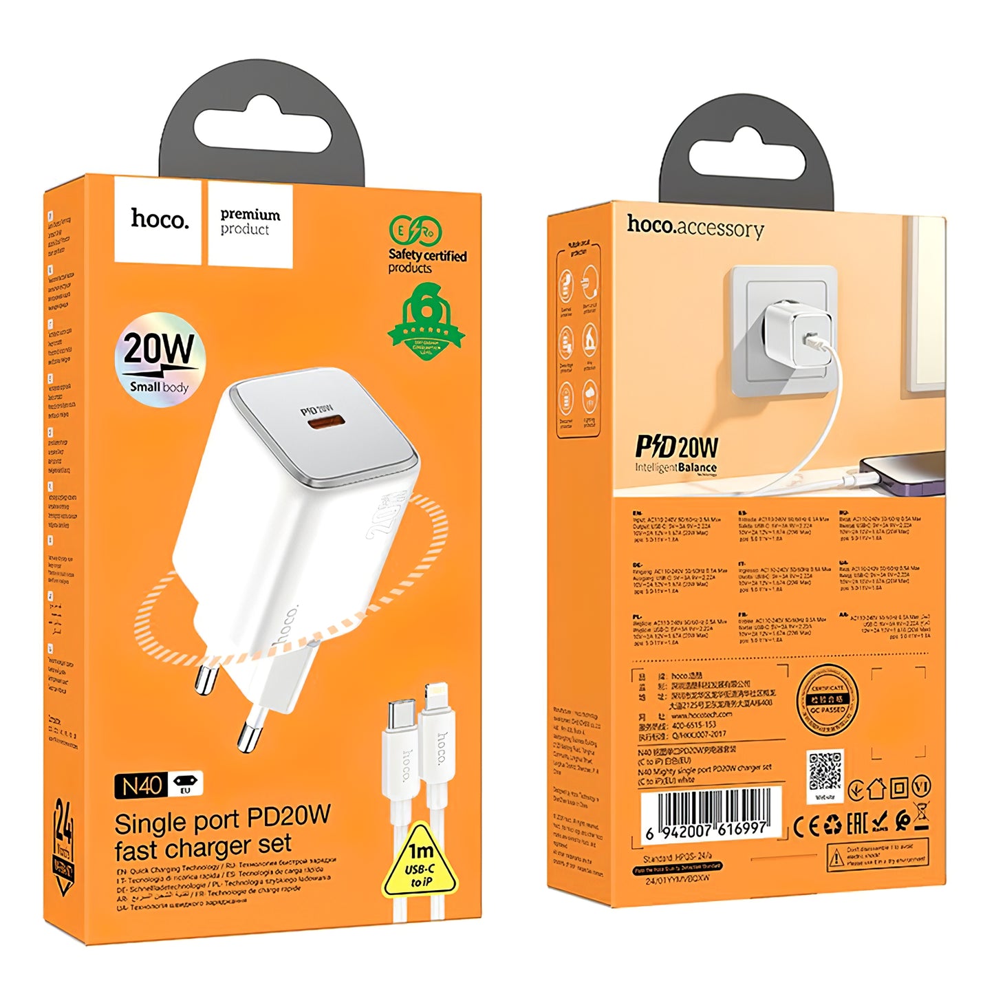 Incarcator Retea Cu Cablu Lightning HOCO N40, 20W, 3A, 1 x USB-C, Alb