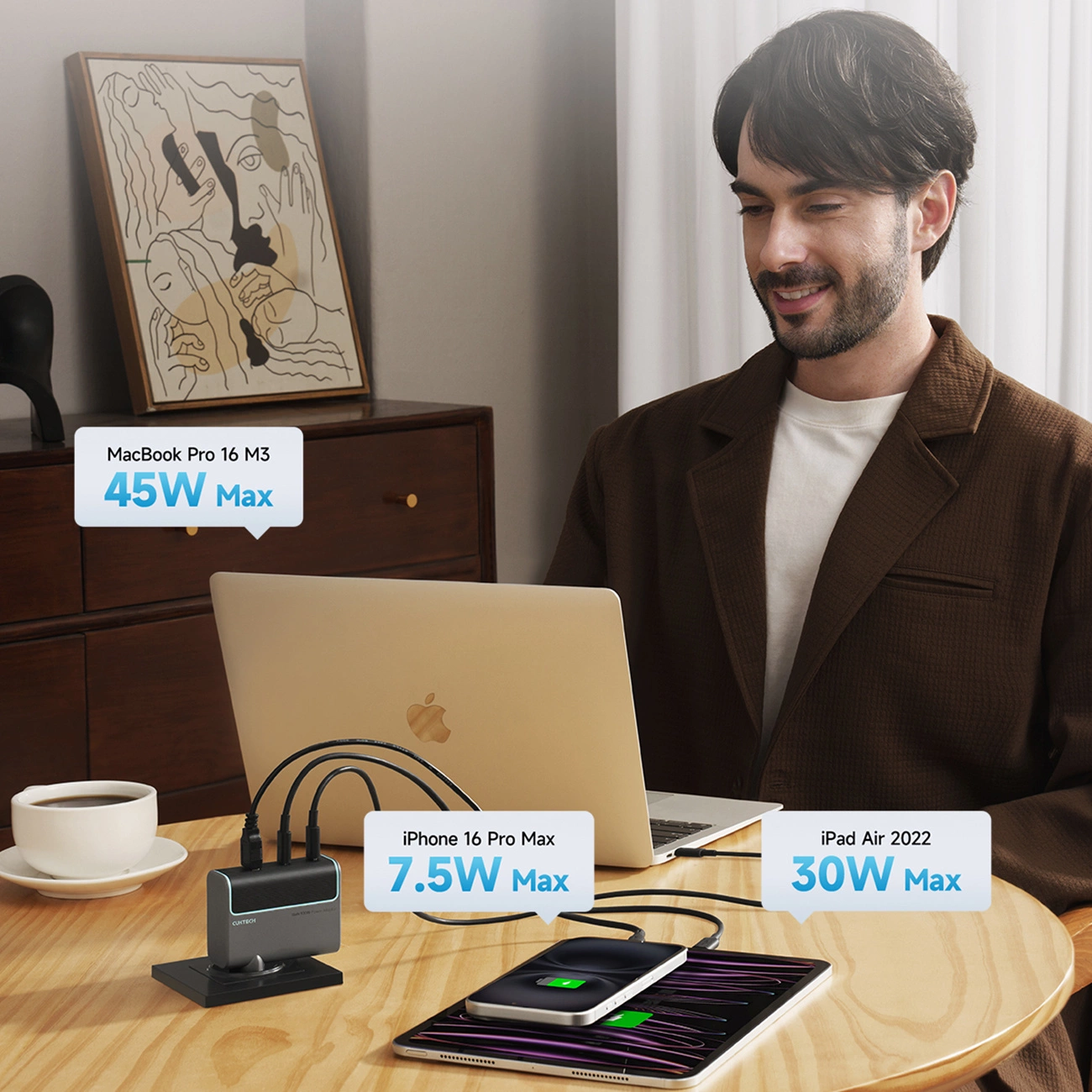 Incarcator Retea Cu Cablu USB-C Cuktech, 100W, 5A, 1 x USB-A - 2 x USB-C, Gri CUKAD1003EUG