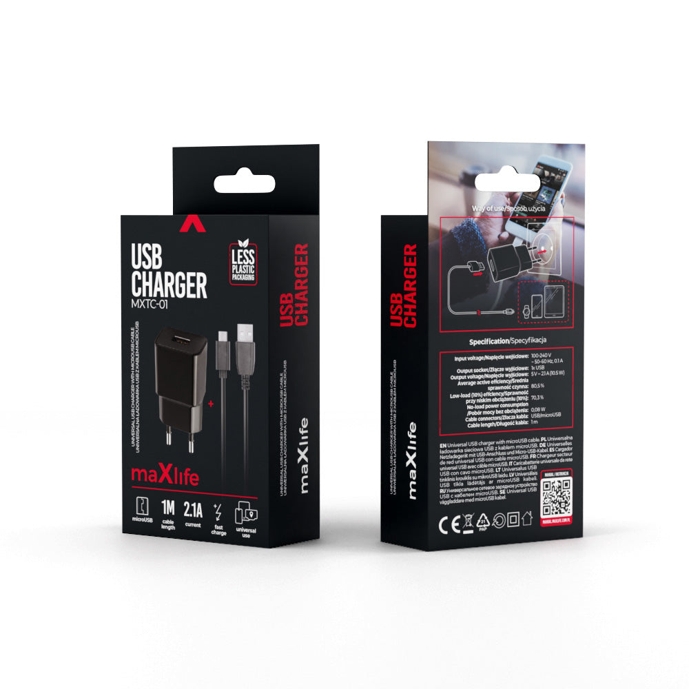 Incarcator Retea Cu Cablu microUSB MaXlife MXTC-01, 10.5W, 2.1A, 1 x USB-A, Negru