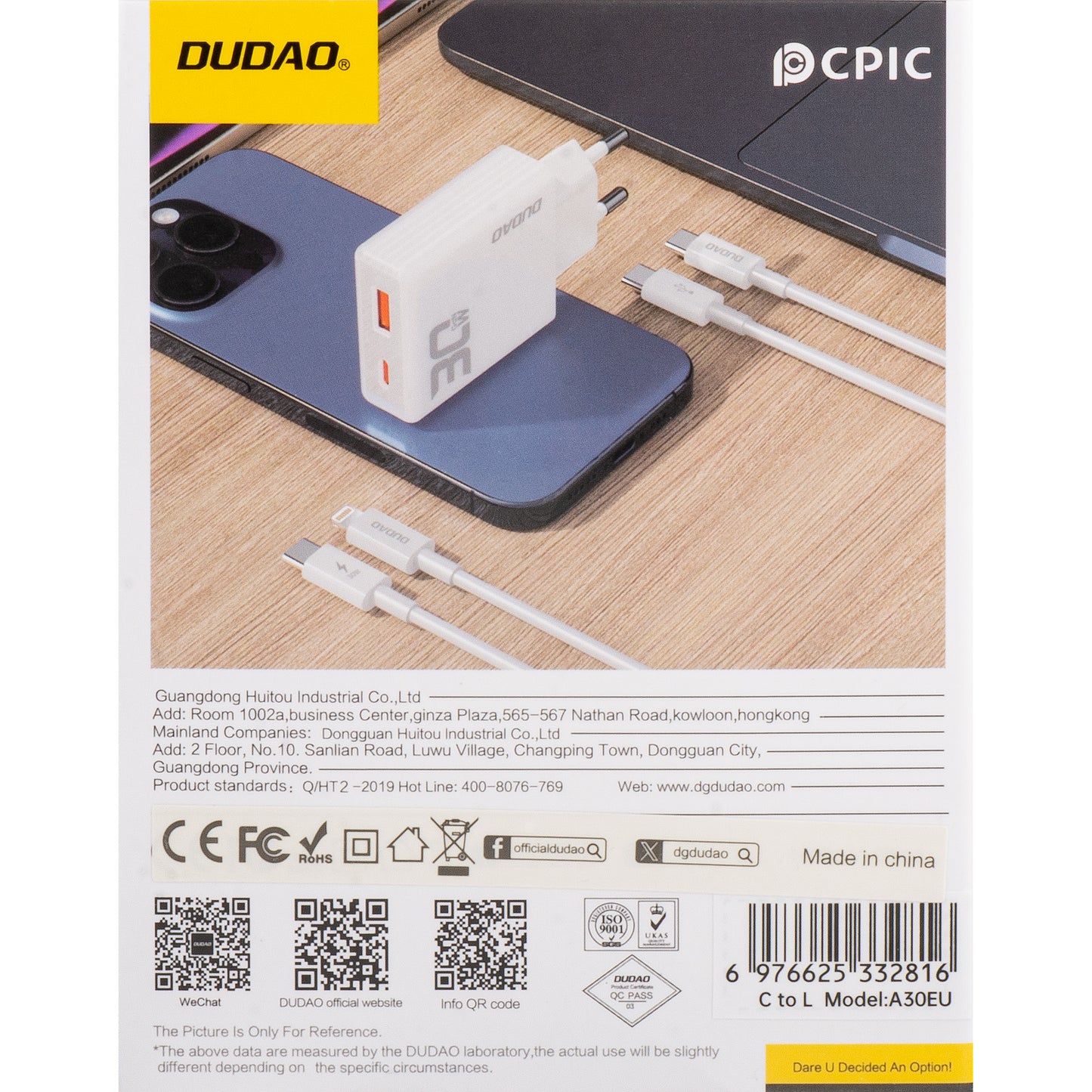 Incarcator Retea Cu Cablu Lightning Dudao A30EUL, 30W, 3A, 1 x USB-A - 1 x USB-C, Alb