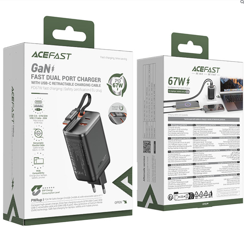 Incarcator Retea Cu Cablu USB-C Acefast A111, 67W, 3A, 1 x USB-A - 1 x USB-C, Negru