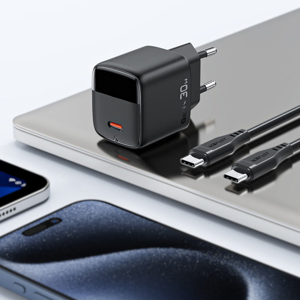 Incarcator Retea Cu Cablu USB-C Acefast A115 Display, 30W, 3A, 1 x USB-C, Negru