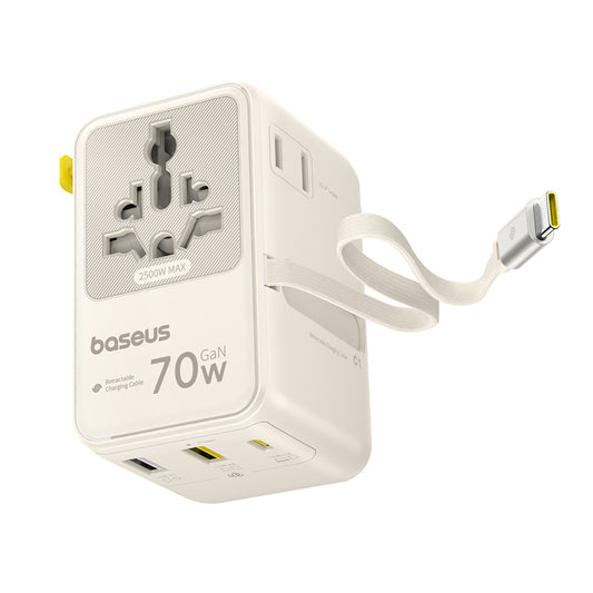 Incarcator Retea Cu Cablu USB-C Baseus Travel EnerCore CG11, 70W, 2 x Priza - 1 x USB-C - 2 x USB-A, Alb E0307E01