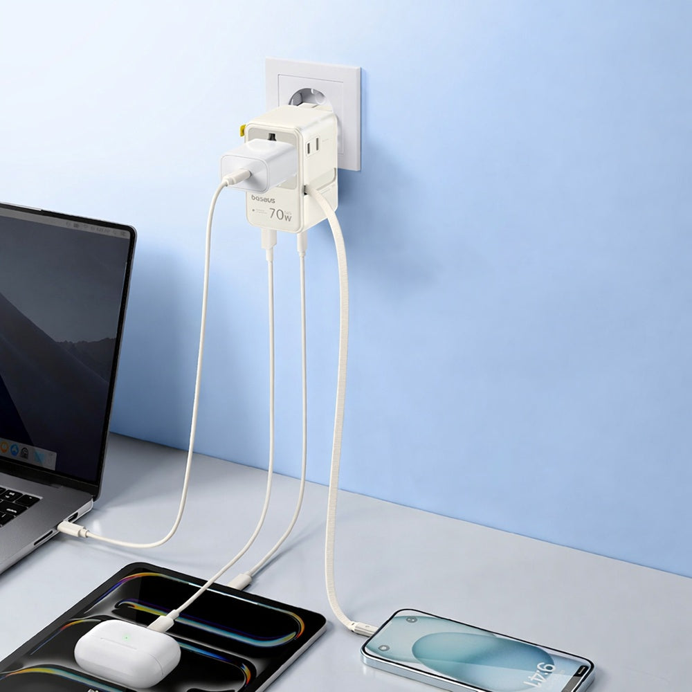 Incarcator Retea Cu Cablu USB-C Baseus Travel EnerCore CG11, 70W, 2 x Priza - 1 x USB-C - 2 x USB-A, Alb E0307E01